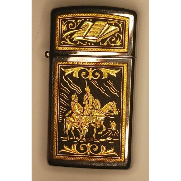 Zippo Don Quixote Lighter Rare H 16 with Book On Top Engraved Metal Collectible - Picture 2 of 7